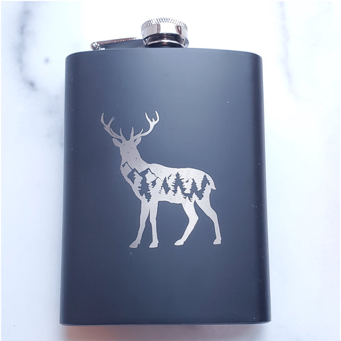 Deer Laser Engraved Black Flask